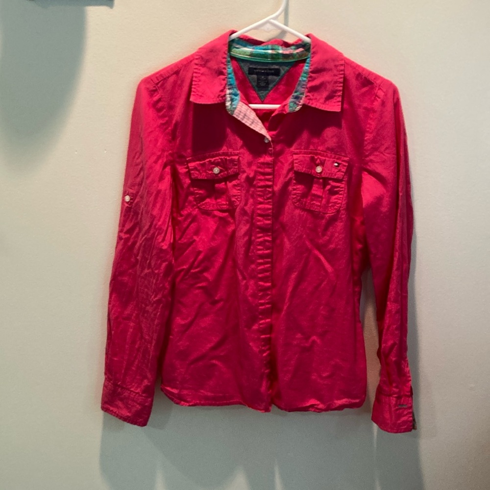 Fuchsia pink Tommy Hilfiger, long sleeved, button-down shirt.